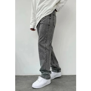 Erkek Asit Yıkama Gri Bol Paça Jean Kot Baggy Pantolon