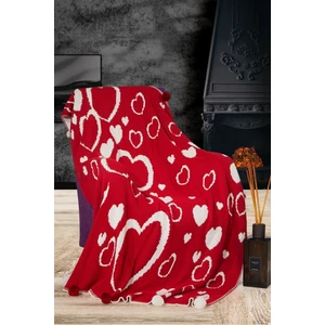 Kalp Triko Örgülü  Tv Battaniyesi 130 x 170 (Kırmızı-Beyaz) -