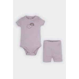 Kız Bebek 2'li Takım Gökkuşağı Baskılı Fitilli Kaşkorse Kısa Kollu Çıtçıtlı Body Beli Lastikli Şort E8245A525SM