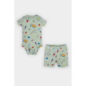 Erkek Bebek 2'li Takım Dinozor Baskılı Kısa Kollu Fitilli Kaşkorse Çıtçıtlı Body Beli Lastikli Şort E8227A525SM