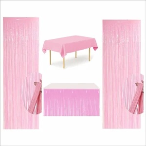 Pembe Masa Örtüsü, Pembe Masa Eteği, 2 Adet Pembe Arka Fon Perde