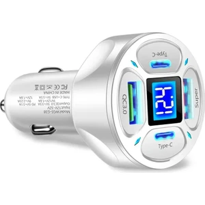LED Dijital Ekranlı 2 USB + 2 Type C Portlu Hızlı Araç Şarjı -Beyaz