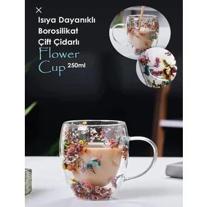 Cam Pipetli Isıya Dayanıklı Borosilikat Çift Çidarlı Çiçekli Kupa Bardak ve Sunum Bardağı 250 ml