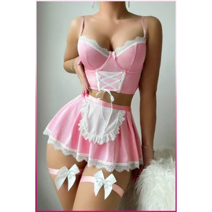 Pembe Seksi Fransız Hizmetçi Kostümü - Dantelli Fantezi Gecelik Takımı