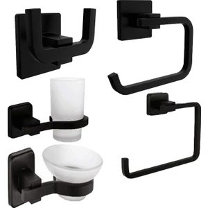 Siyah Kare 5 Li Set Kare Havluluk, Bornozluk, Wc Kağıtlık, Diş Fırçalık, Sabunluk