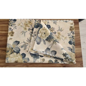 Dikdörtgen Dijital Baskı Kenarı Yakmalı Klasik Masa ve Piknik Örtüsü 160 x 220 cm  Lacivert-Bej