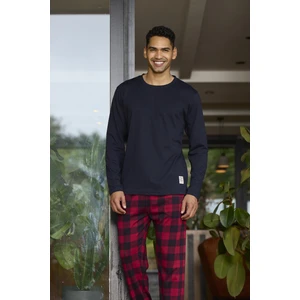 6028 Erkek Sıfır Yaka Ekoseli Uzun Kollu Pijama Takım