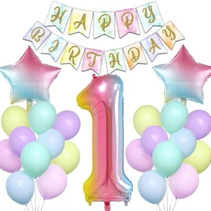 Gökkuşağı Konsepti 1 Yaş Doğum Günü Parti Kutlama Seti; Rakam ve Yıldız Folyo, Banner ve Makaron Balon