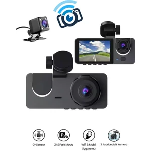 Araç Içi Wi-Fi Kamera Hd 3 Kameralı 7/24 Kayıt G-Sensör Mobil Uygulama Ile Canlı Takip Black Box