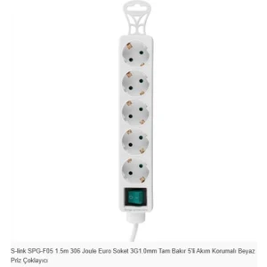 S-Link SPG-F05 1.5m 306 Joule Euro Soket 3g1.0mm Tam Bakır 5li Akım Korumalı Beyaz Priz Çoklayıcı