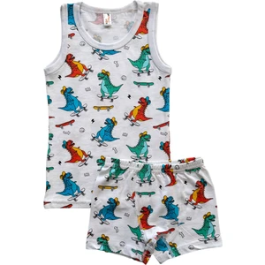 Erkek Çocuk %100 Pamuklu Beyaz Dinazor Desenli Atlet Boxer Takımı