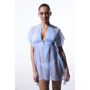 Açık Mavi Basic Şifon V Yaka Mini Kaftan