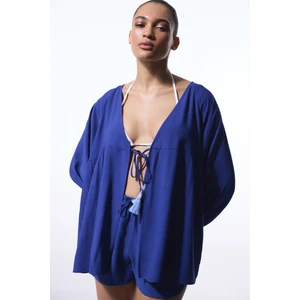 Lacivert Freya Crinckle Kısa Kol V Yaka Midi Kimono