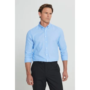 Altınyıldız Classics Erkek Mavi Düğmeli Yaka Kolay Ütülenebilir Pamuklu Slim Fit Dar Kesim Oxford Gömlek