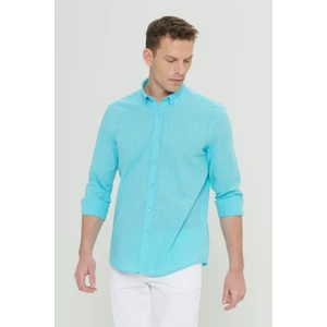 Altınyıldız Classics Erkek Turkuaz Slim Fit Düğmeli Yaka Keten Görünümlü %100 Pamuk Flamlı Gömlek