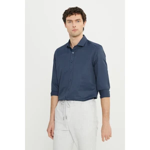 Altınyıldız Classics Erkek Lacivert Slim Fit Dar Kesim Italyan Yaka Armürlü Gömlek