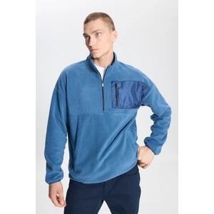 Altınyıldız Classics Erkek Indigo Oversize Bol Kesim Dik Bato Yaka Cep Detaylı Fermuarlı Isı Tutan Polar Sweatshirt