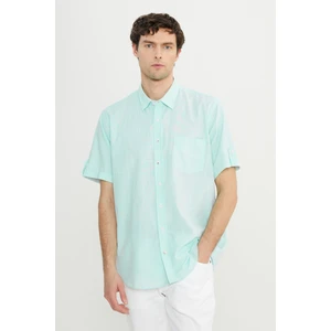 Altınyıldız Classics Erkek Mınt Comfort Fit Rahat Kesim Düğmeli Yaka Keten Görünümlü %100 Pamuk Flamlı Kısa Kollu Gömlek