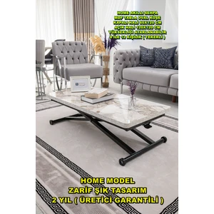 Sehpam Akıllı Home Üst Tabla Mdf Beyaz Mermer Oval Köşe Alt Ayak Siyah