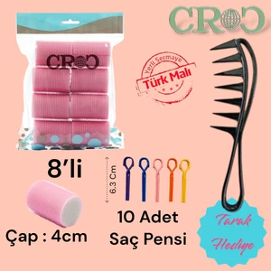 1207 Cırtlı Sünger Bigudi 8li Çap 4 cm Pembe + 10lu Saç Pensi