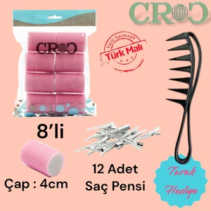 1207 Pembe Cırtlı Sünger Bigudi 8li Çap 4cm + 12lı Alüminyum Saç Pensi