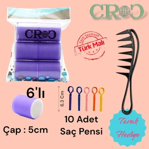 1203 Mor Cırtlı Sünger Bigudi 6'li Çap 5 cm +10'lu Plastik Saç Pensi