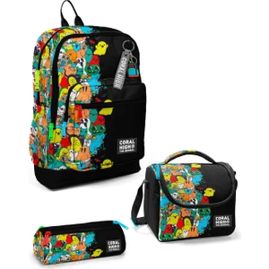 Coral High Kids Siyah Karikatür Desenli 3'lü Okul Çanta Seti Ergonomik Kullanım 3 Parça