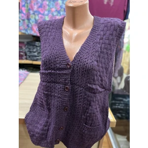 Kadın Triko Düğmeli Cepli Örgü Desen Yelek