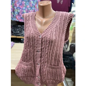 Kadın Triko Düğmeli Cepli Örgü Desen Yelek