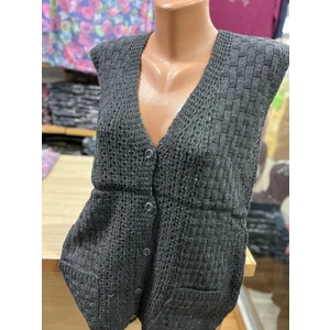 Kadın Triko Düğmeli Cepli Örgü Desen Yelek