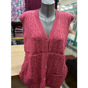 Kadın Triko Düğmeli Cepli Örgü Desen Yelek