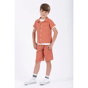 Gomlek Yaka Kısa Kol Kıremıt Renk Erkek Cocuk Sortlu Takım