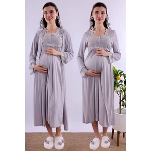 Gri Sabahlıklı Hamile Lohusa Gecelik Takım BYL224022