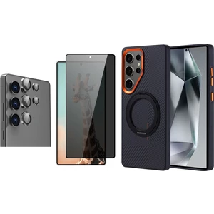 Galaxy S25 Ultra Kılıf M-safe Şarj Özellikli Karbon Fiber Görünümlü Zore Standlı Troy Kapak + Sapphire Kamera Lens + Hayalet Ekran Koruyucu