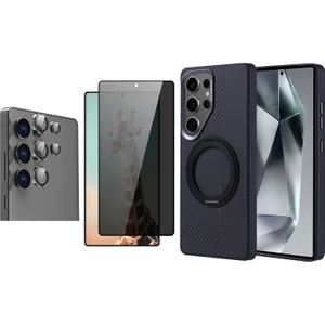 Galaxy S25 Ultra Kılıf M-safe Şarj Özellikli Karbon Fiber Görünümlü Zore Standlı Troy Kapak + Sapphire Kamera Lens + Hayalet Ekran Koruyucu