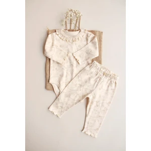 Ohlala Koala Krem Dal Desenli Fırfırlı Body Tayt Takım