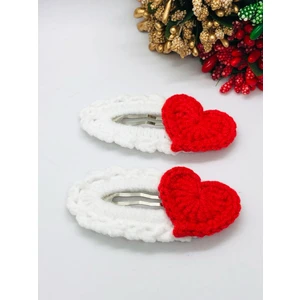 Kırmızı Kalpli Örgü Çıtçıtlı Saç Tokası El Yapımı (2'li) 5cm