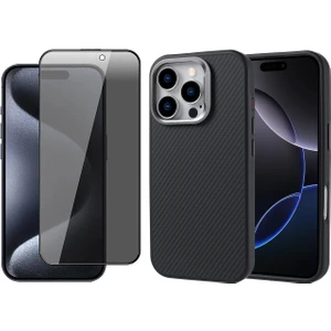 iPhone 16 Pro Max Kılıf M-safe Şarj Özellikli Karbon Fiber Görünümlü Zore Troy Kapak + Hayalet Ekran Koruyucu