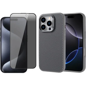 iPhone 16 Pro Max Kılıf M-safe Şarj Özellikli Karbon Fiber Görünümlü Zore Troy Kapak + Hayalet Ekran Koruyucu