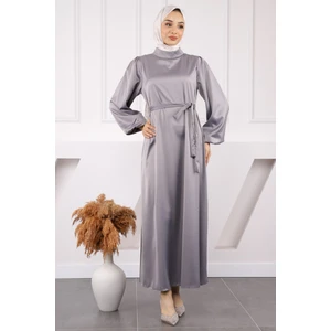 İmaj Butik Mürdüm Hakim Yaka Balon Kol Saten Abiye Elbise