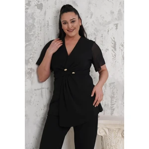 Kruvaze Yaka Düğme Detaylı Şifon Kollu Büyük Beden Abiye Takım 023