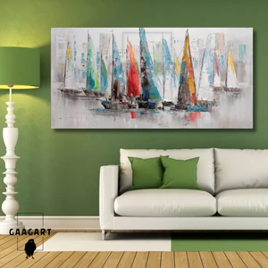 Panoramik Kanvas Duvar Tablosu Soyut Yağlı Boya Görünümlü Renkli Yelkenliler