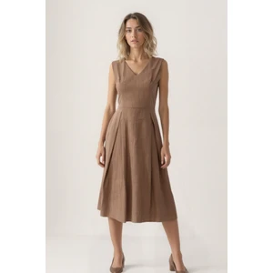 V Yaka Kuşaklı Krinkıl Kumaş Midi Elbise