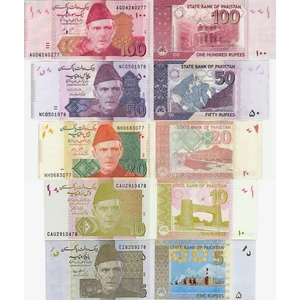 Pakistan 5-10-20-50-100 Rupee 2009-2024, 5'li Set, Çil, Eski Yabancı Kağıt Para