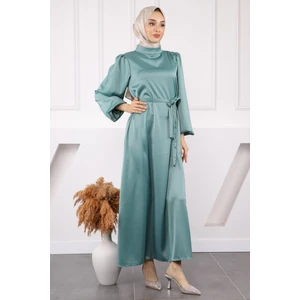 İmaj Butik Mürdüm Hakim Yaka Balon Kol Saten Abiye Elbise