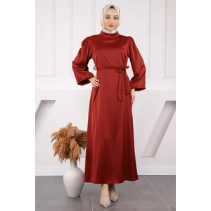 İmaj Butik Mürdüm Hakim Yaka Balon Kol Saten Abiye Elbise