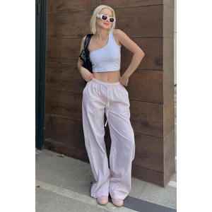 Pudra Beli Ayarlanabilir Bol Paça Dökümlü Çizgili Pantolon MG2087