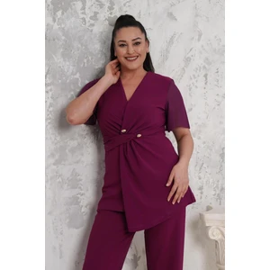 Kruvaze Yaka Düğme Detaylı Şifon Kollu Büyük Beden Abiye Takım 023