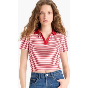 Fitted Polo Yaka Çizgili Fitilli Kaşkorse Kısa Kollu Tişört E7907AX25SM