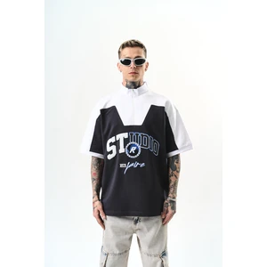 Erkek Studio Nakışlı Yarım Fermuarlı Oversize T-Shirt Füme